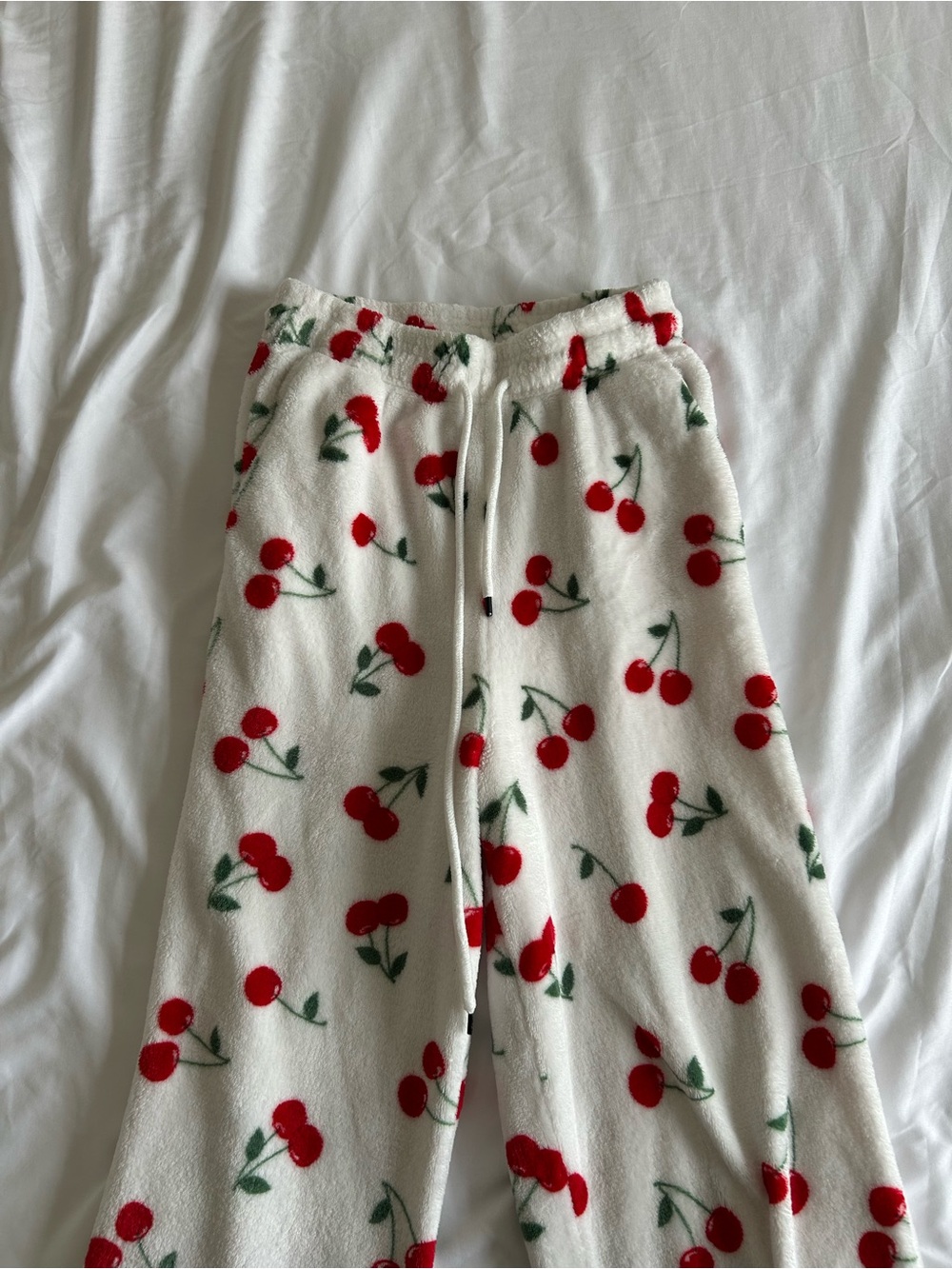 Cozy Fuzzy Cherry-Print Pajama Pants - White/Red